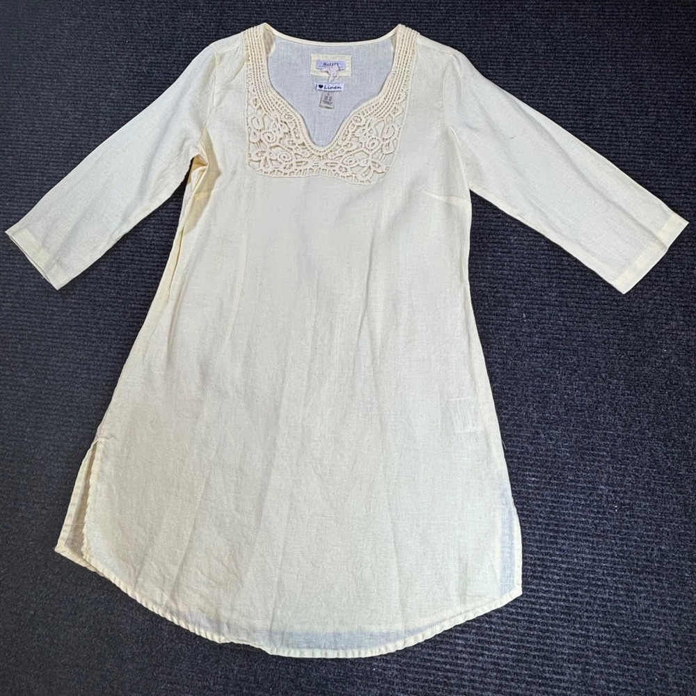Malvin Hamburg Germany 100% Linen Crochet V-Neck Tunic Top Pale Yellow L US 10